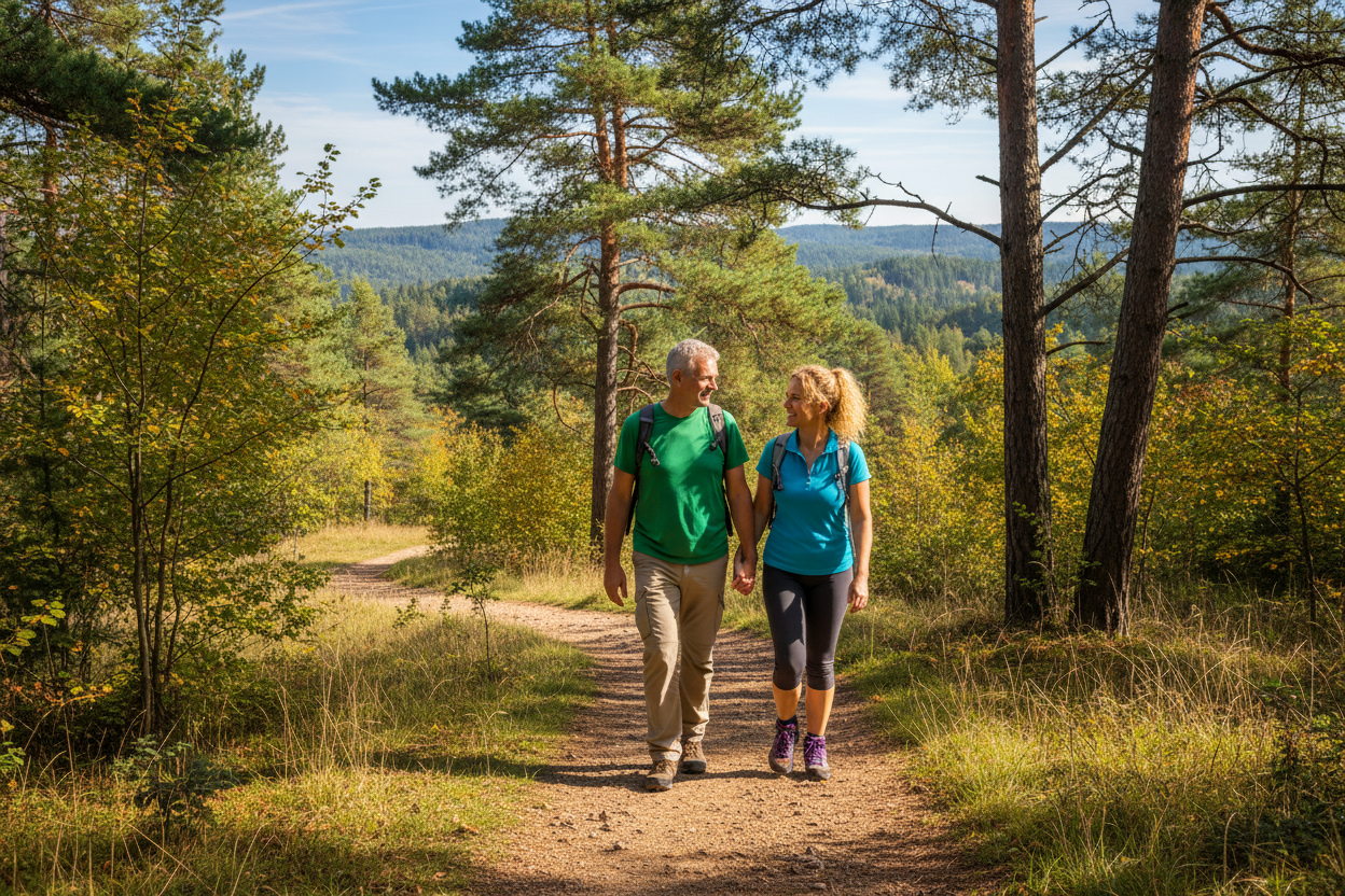 A couple in their 40s on a hike, both roughly BMI 28