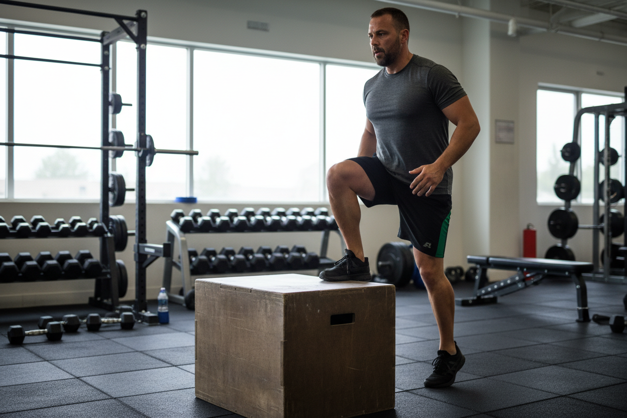 A man in his 40s, BMI 34, doing box step-ups
